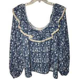 Smith And Quinn Blue Floral Ruffle Blouse Size Medium Womens Long Sleeve
